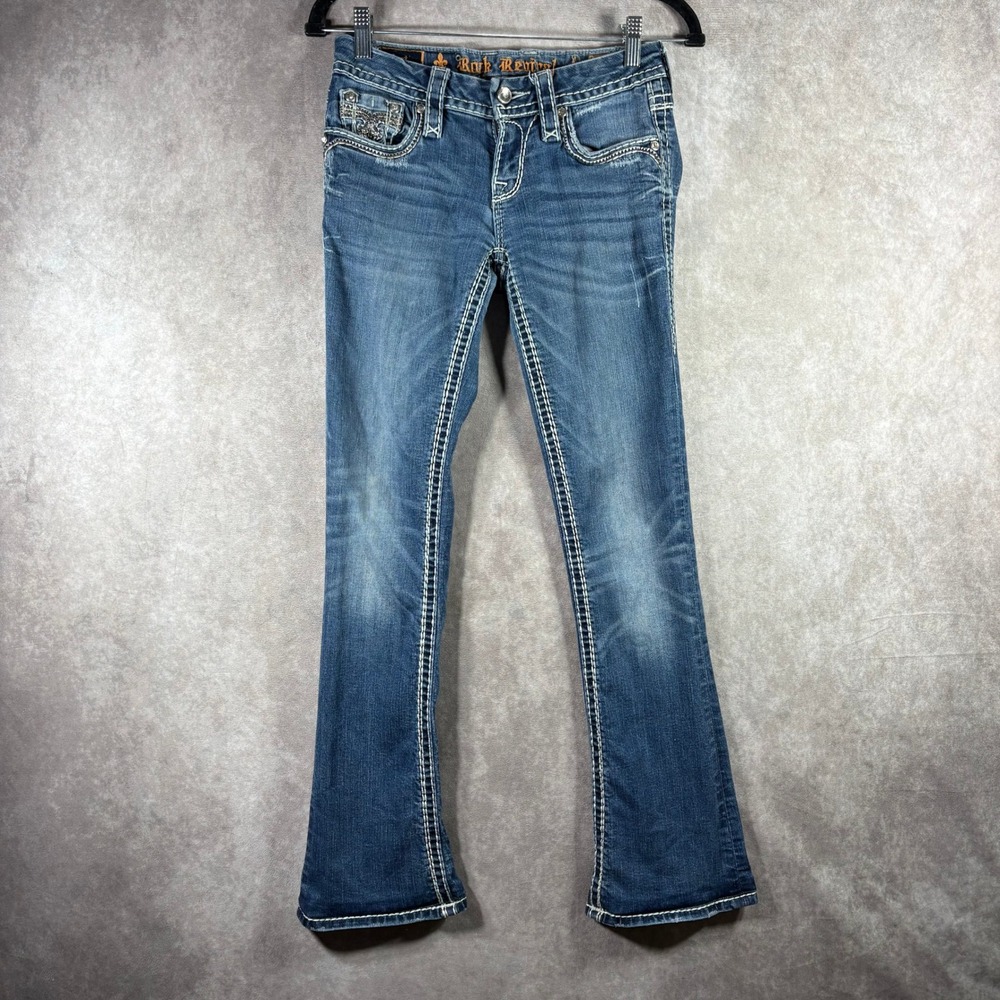 Rock Revival Luiza Jeans Womens Size 25 Blue Bootcut Thick Stitch Denim Y2K Boho
